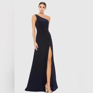 Ieena for Mac Duggal
Navy One Shoulder Ruched Jersey Evening Gown